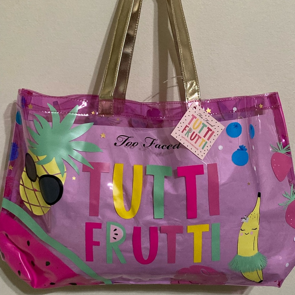 BNWT Too Faced Tutti Frutti pink transparent plastic tote bag